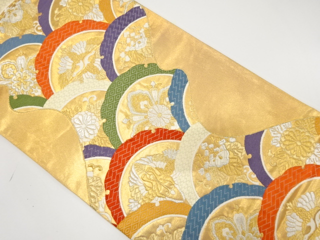 アンティーク　青海波に桐・向かい鶴模様織り出し袋帯（着用可）